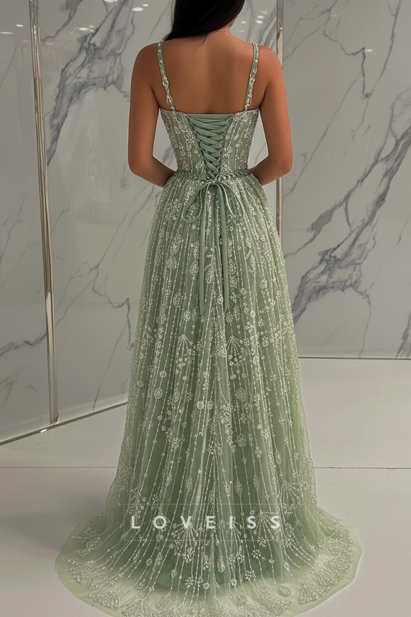 Square Straps Beaded Embroidery Sparkly A-Line Prom Dress
