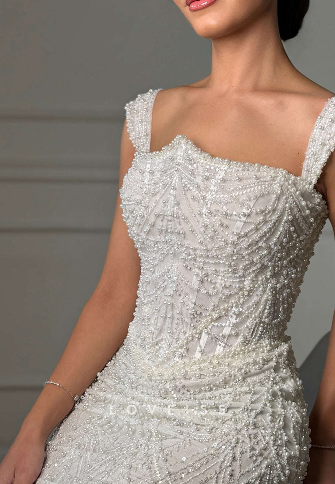 Square Straps Beaded Embroidery Sparkly Mermadi Wedding Dress
