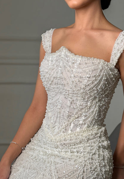 Square Straps Beaded Embroidery Sparkly Mermadi Wedding Dress