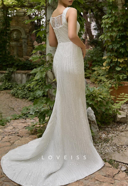 Square Straps Beaded Embroidery Sparkly Sheath Wedding Dress