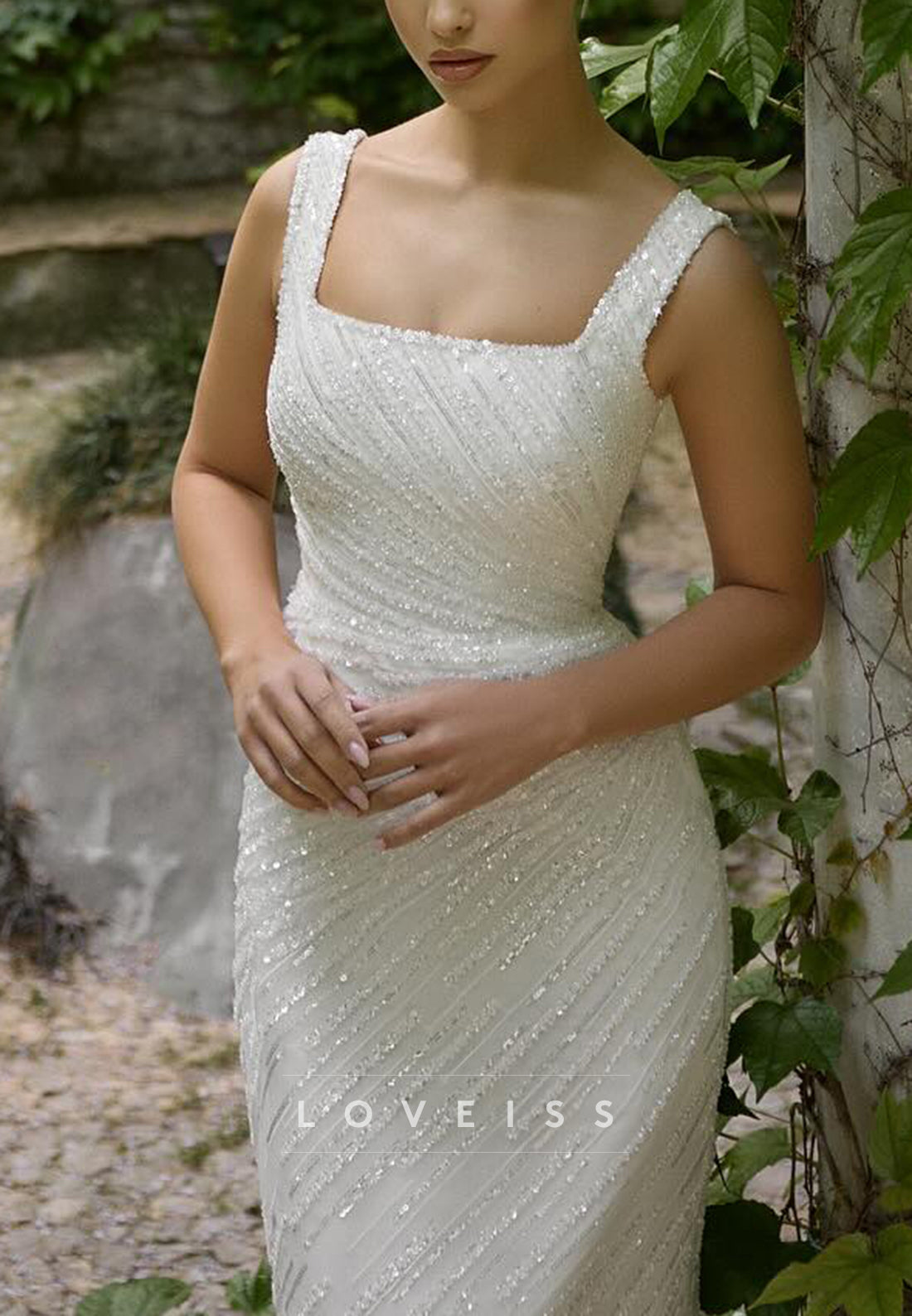 Square Straps Beaded Embroidery Sparkly Sheath Wedding Dress