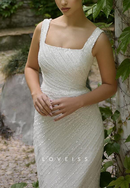 Square Straps Beaded Embroidery Sparkly Sheath Wedding Dress