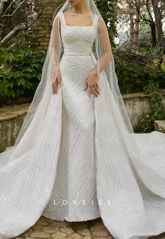 Square Straps Beaded Embroidery Sparkly Sheath Wedding Dress