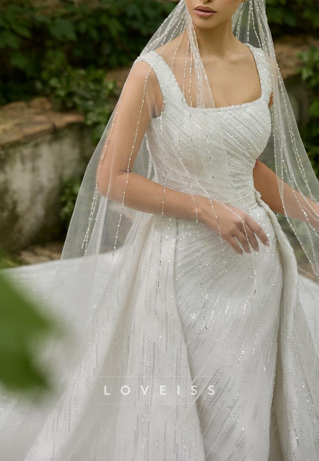 Square Straps Beaded Embroidery Sparkly Sheath Wedding Dress