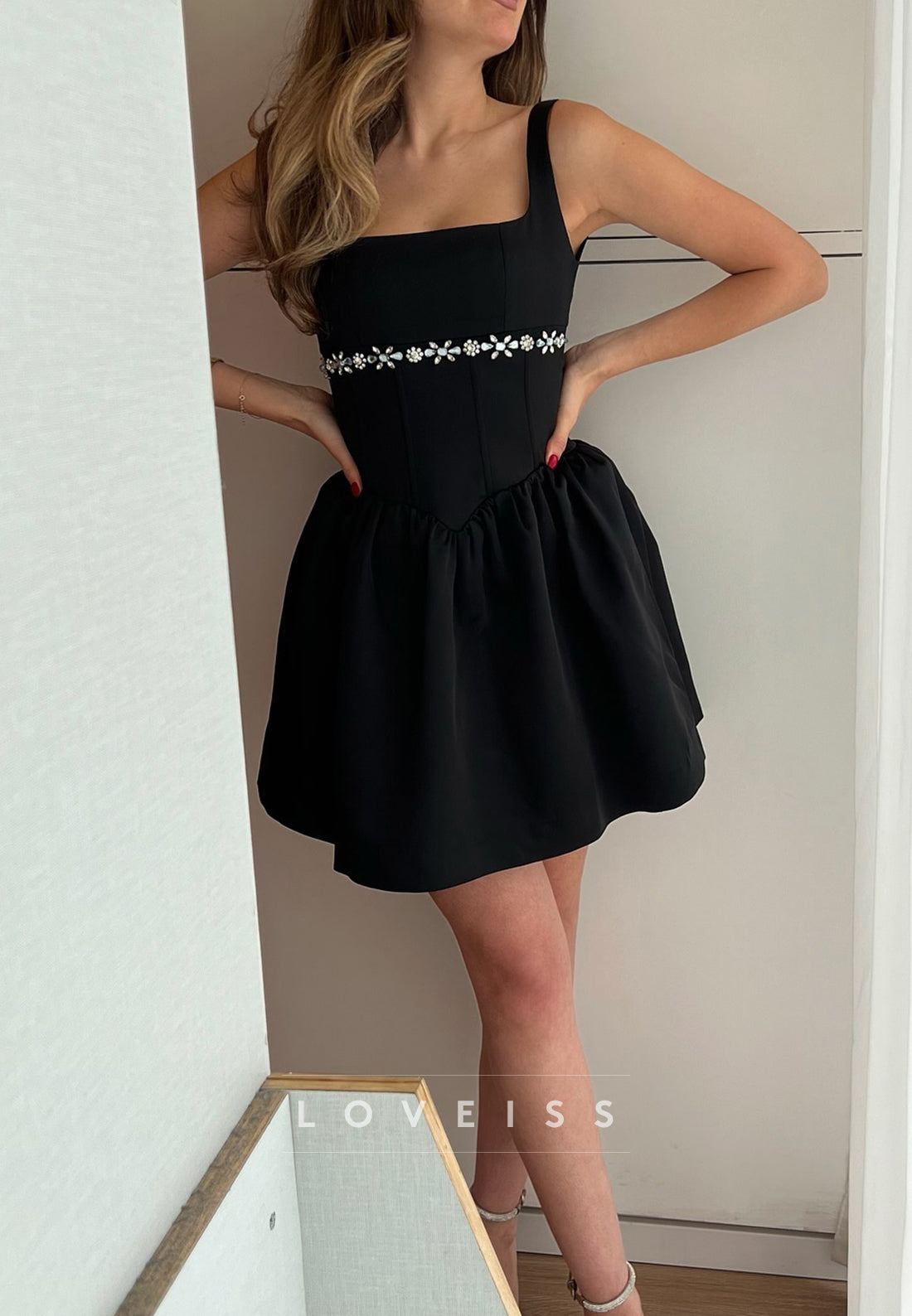 Square Straps Beaded Pleated A-Line Party Homecoming Dress
