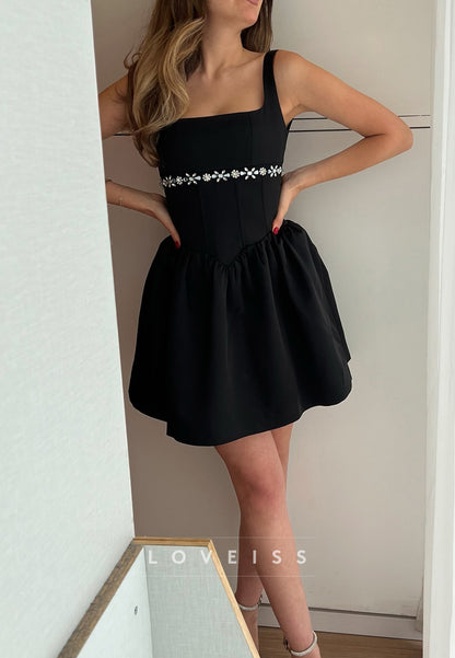 Square Straps Beaded Pleated A-Line Party Homecoming Dress