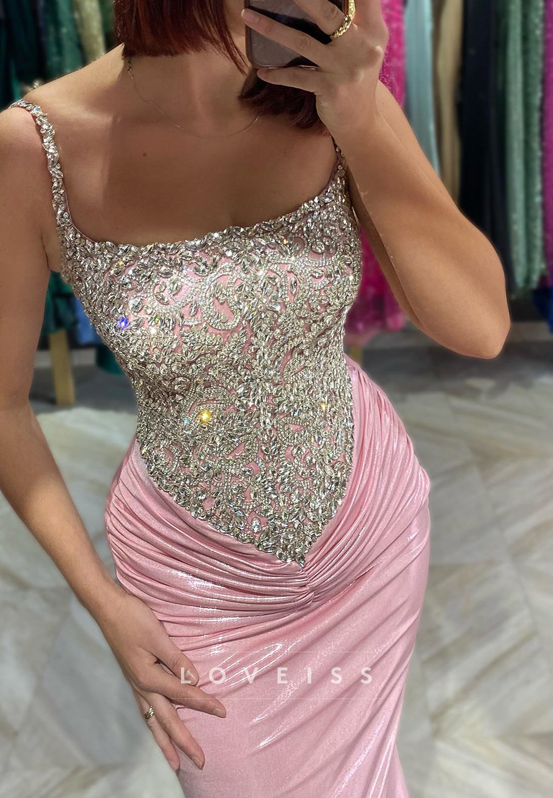 Square Straps Beaded Pleated Mermaid Pink Prom Dress