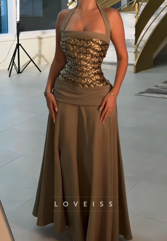 Square Straps Beaded Prom Dress Satin A-Line Evening Dress