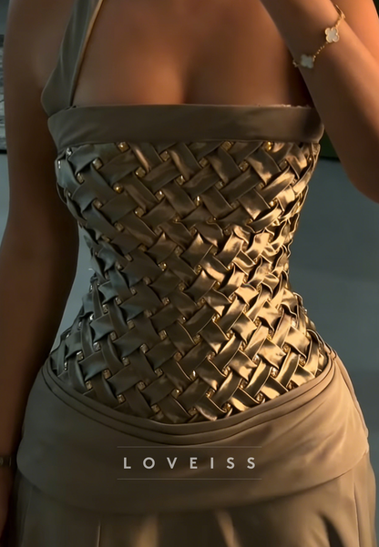 Square Straps Beaded Prom Dress Satin A-Line Evening Dress