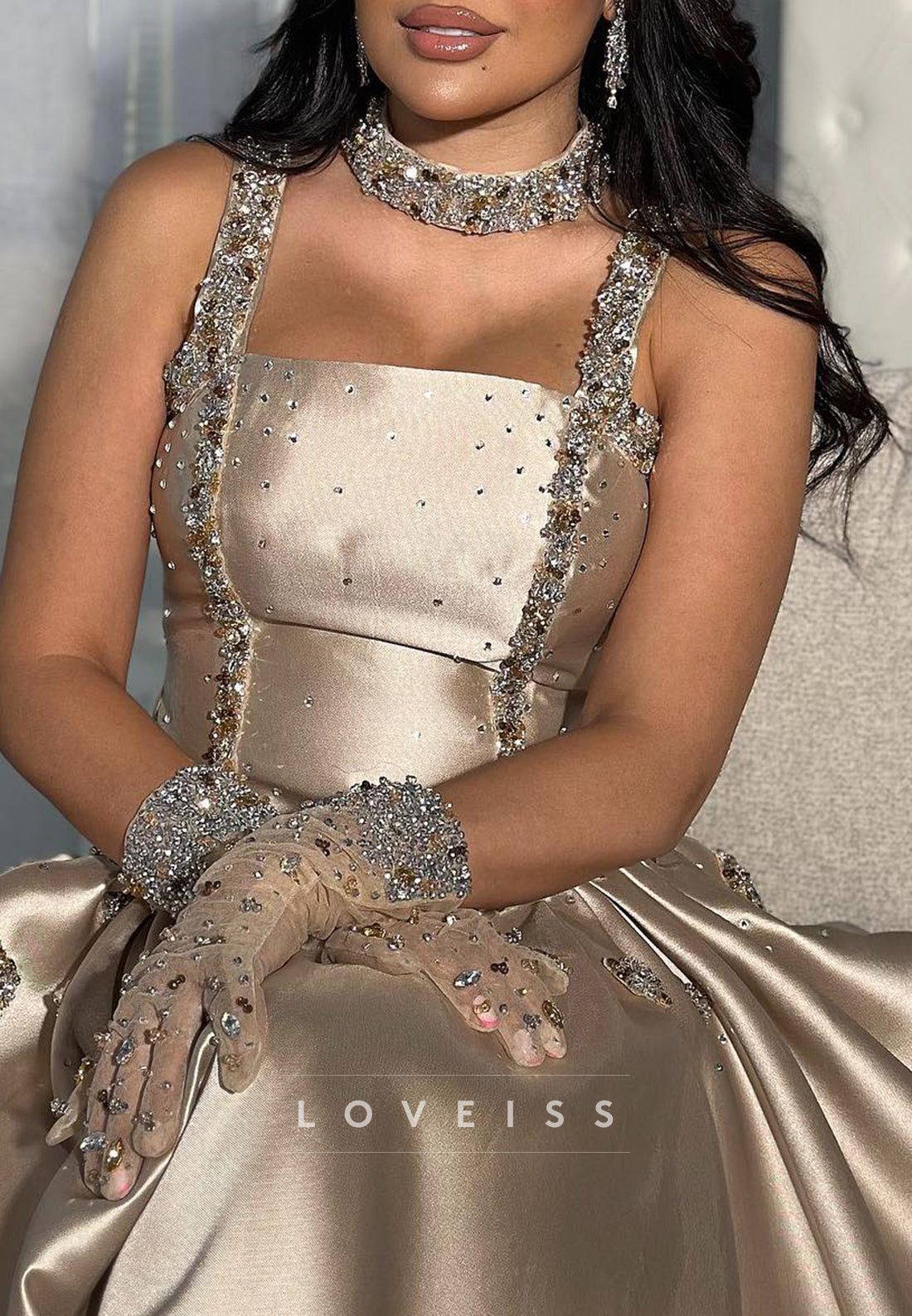Square Straps Beaded Satin A-Line Evening Dress