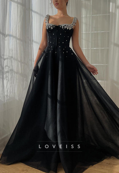 Square Straps Beaded Satin A-Line Black Prom Dress