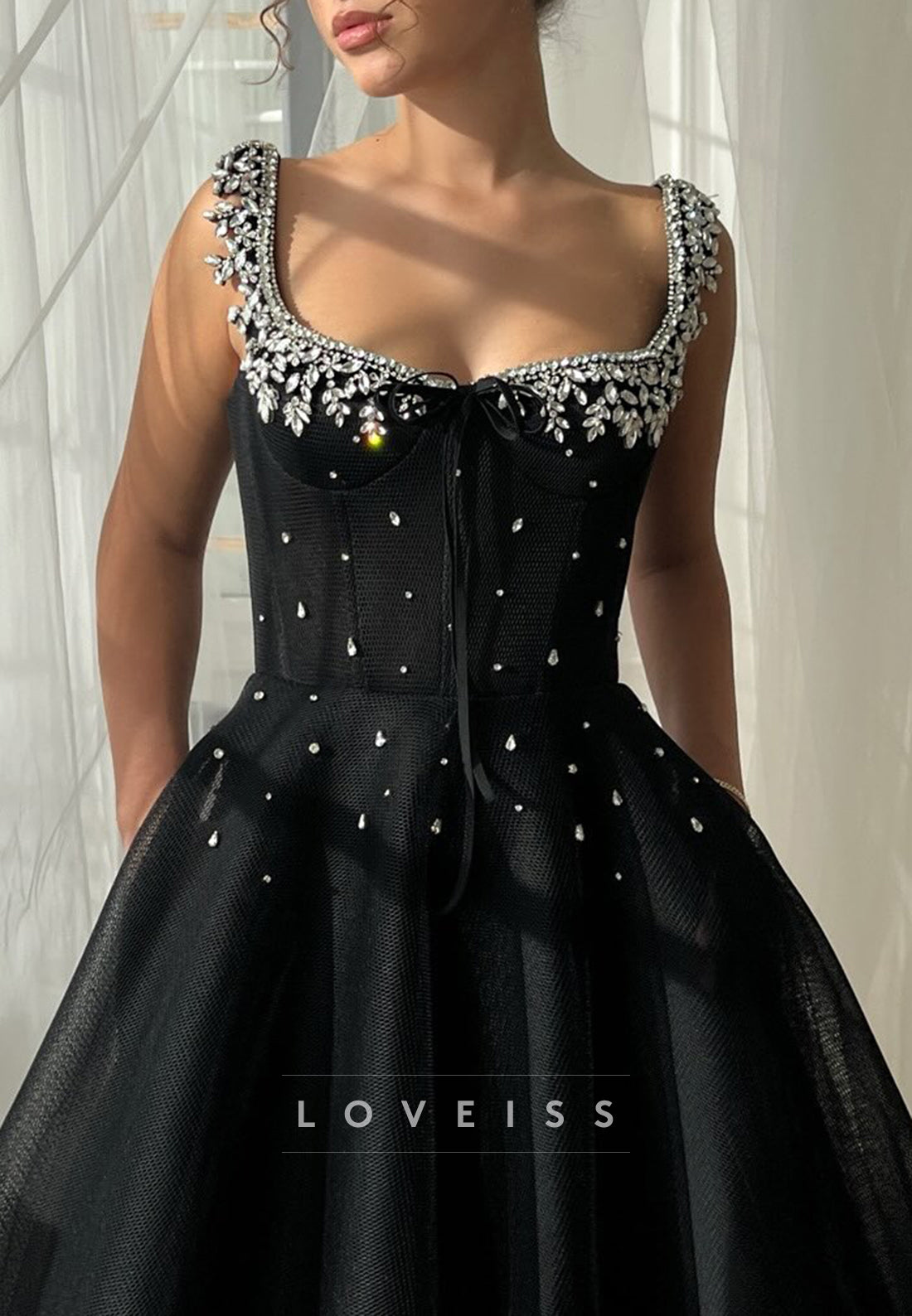 Square Straps Beaded Satin A-Line Black Prom Dress