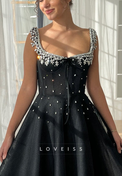 Square Straps Beaded Satin A-Line Black Prom Dress