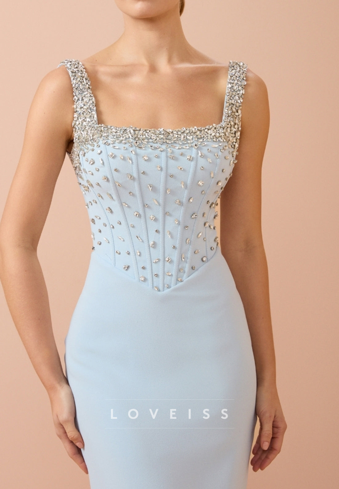 Square Straps Beaded Sheath Evening Dress
