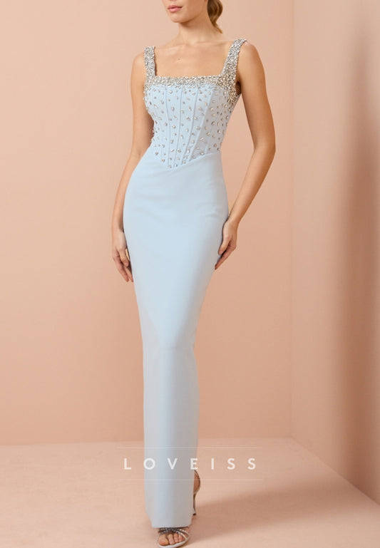 Square Straps Beaded Sheath Evening Dress