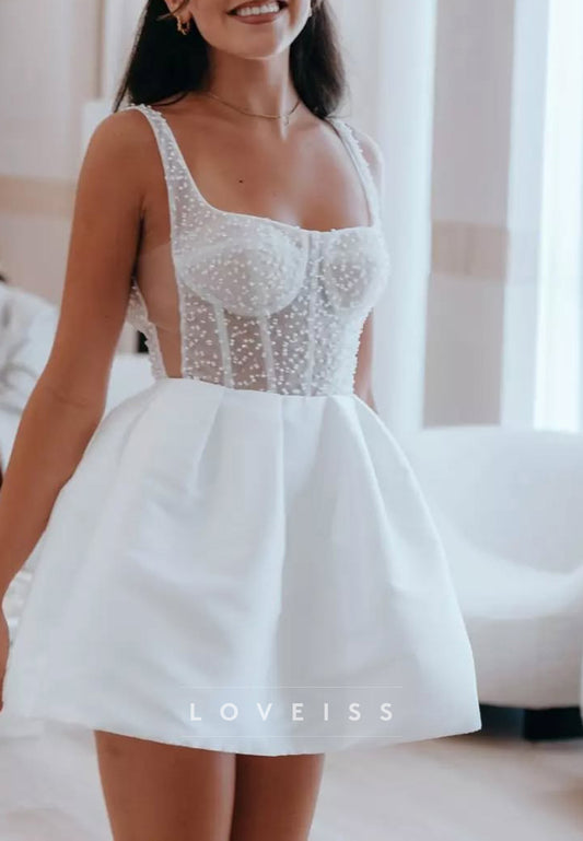 Square Straps Beaded Short A-Line Wedding Dress