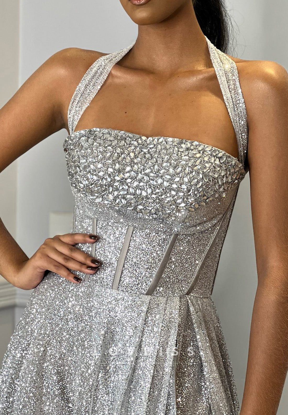 Square Straps Beaded Silver Pleated A-Line Sparkly Prom Dress