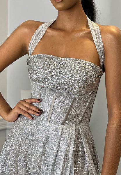 Square Straps Beaded Silver Pleated A-Line Sparkly Prom Dress