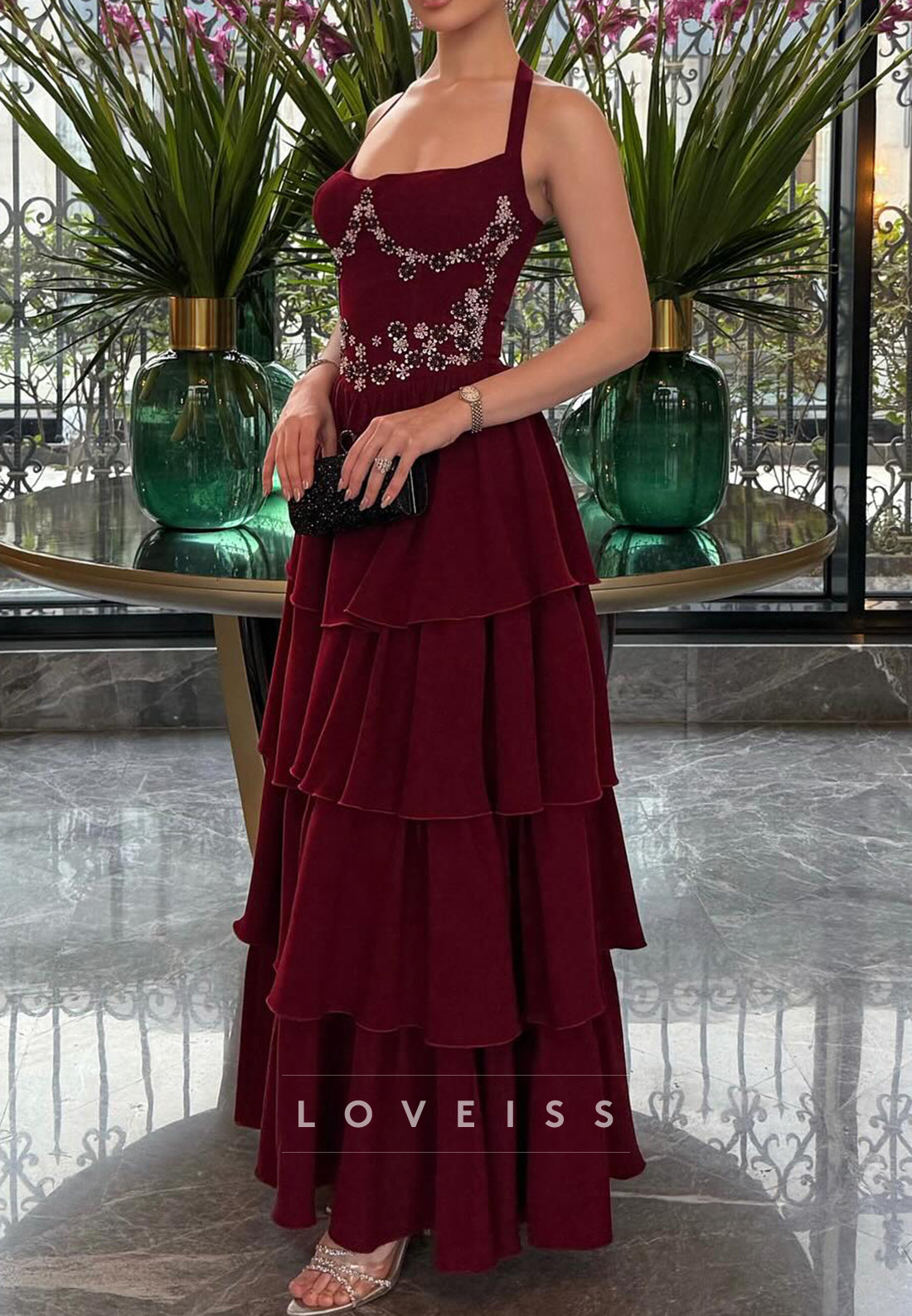Square Straps Beaded Tiered A-Line Prom Dress