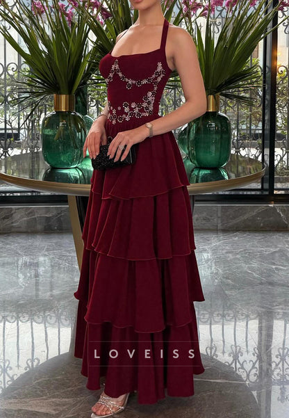 Square Straps Beaded Tiered A-Line Prom Dress