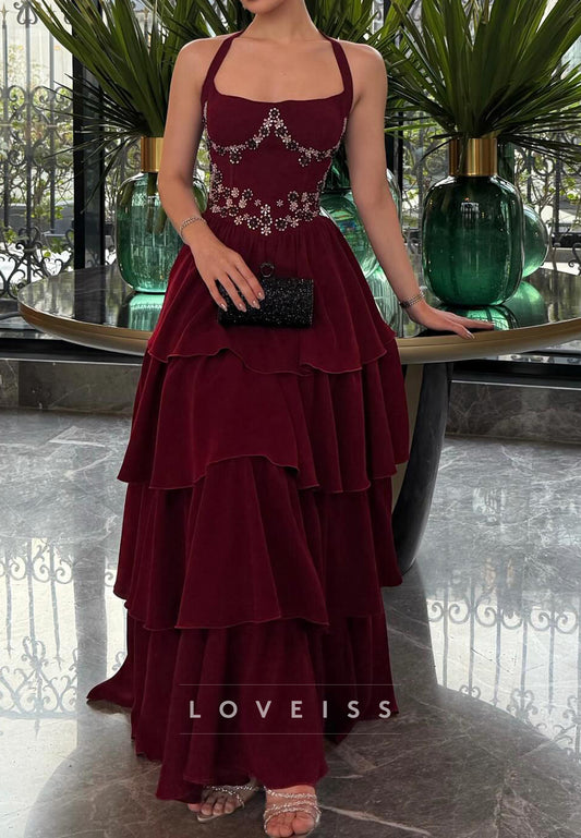 Square Straps Beaded Tiered A-Line Prom Dress