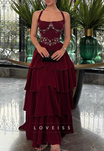 Square Straps Beaded Tiered A-Line Prom Dress