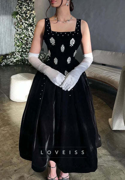 Square Straps Beaded Velvet A-Line Prom Dress