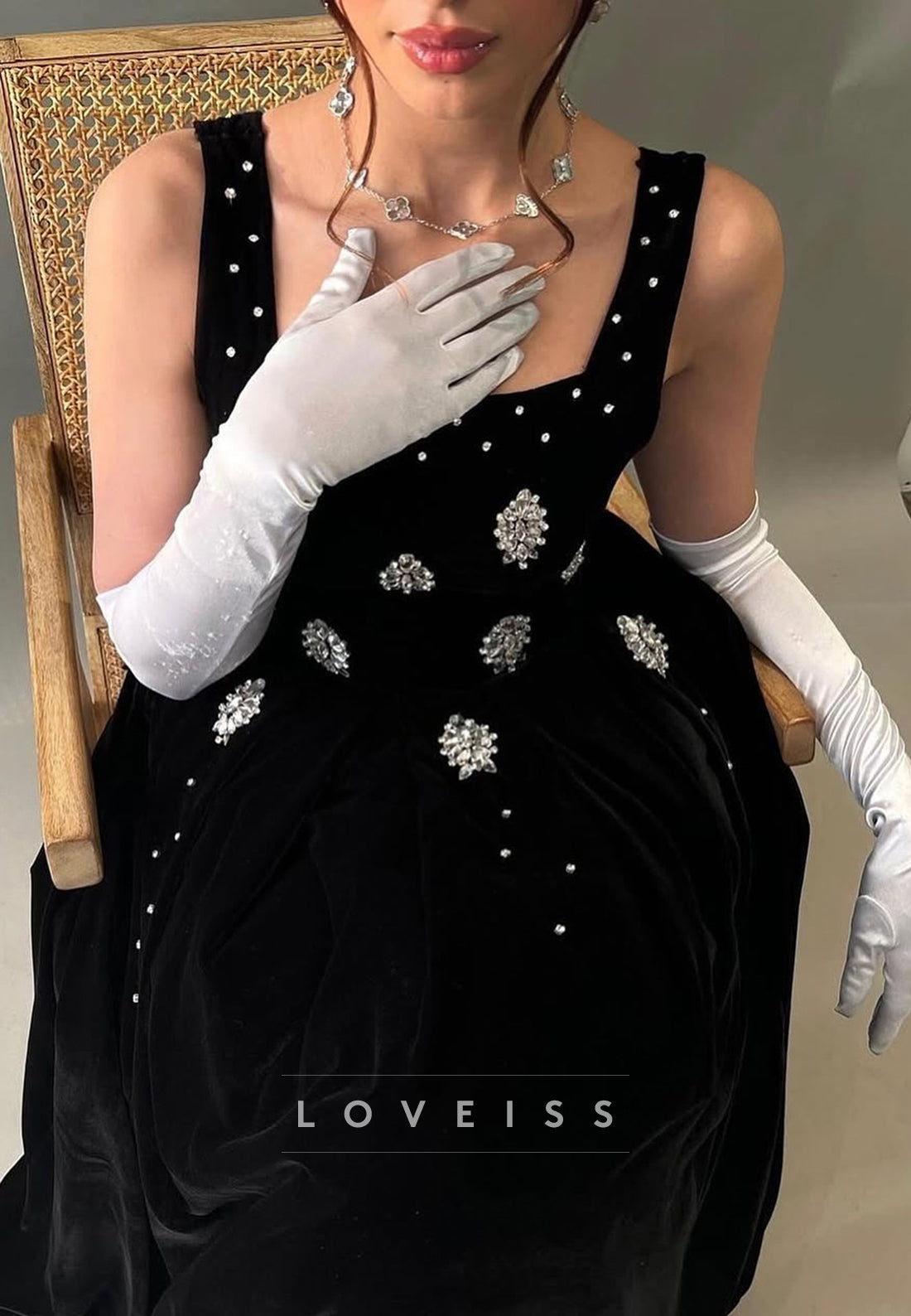 Square Straps Beaded Velvet A-Line Prom Dress