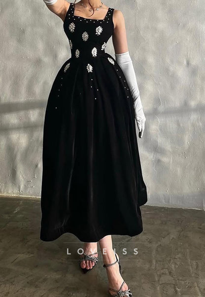 Square Straps Beaded Velvet A-Line Prom Dress