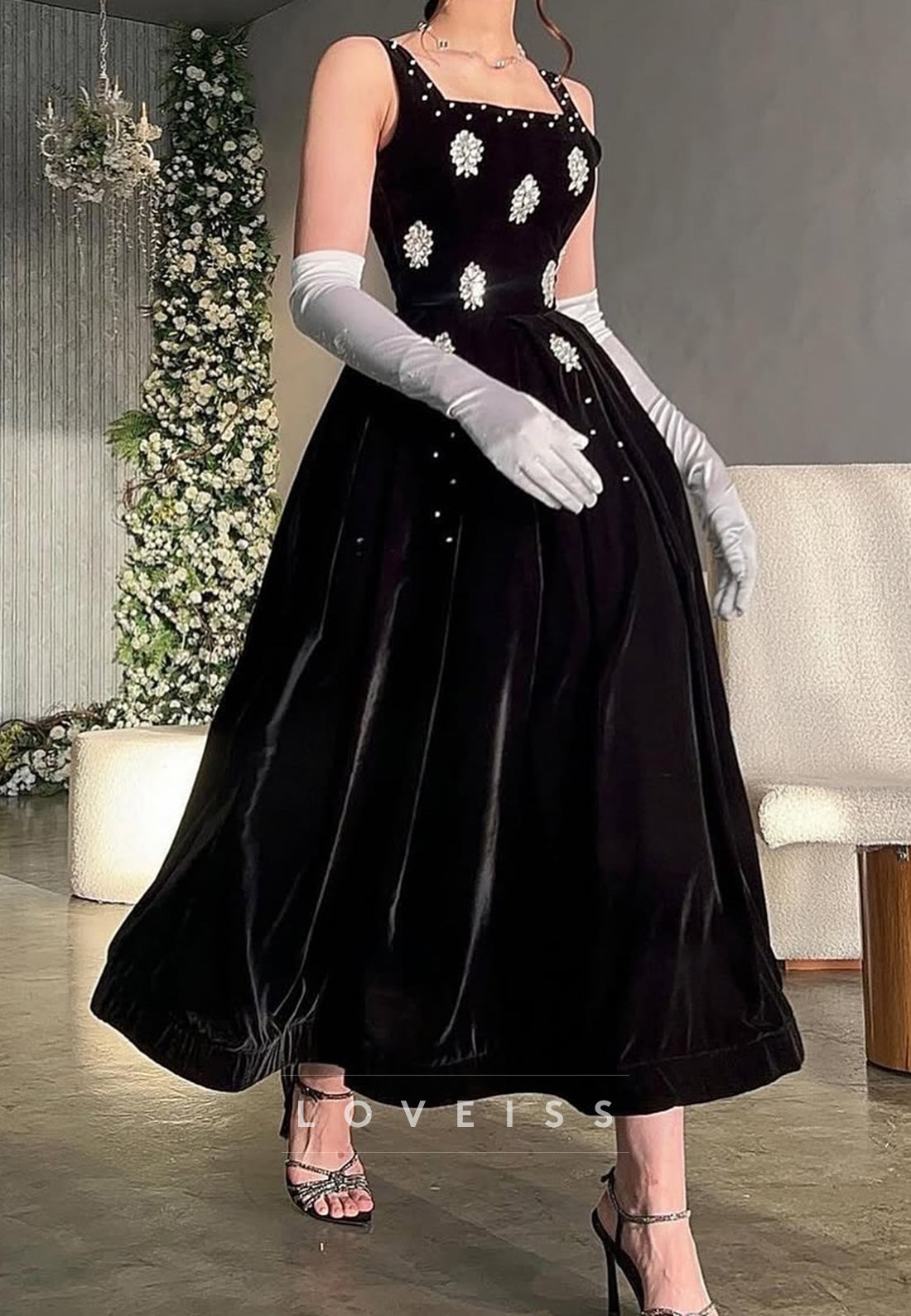 Square Straps Beaded Velvet A-Line Prom Dress