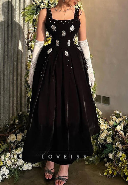 Square Straps Beaded Velvet A-Line Prom Dress