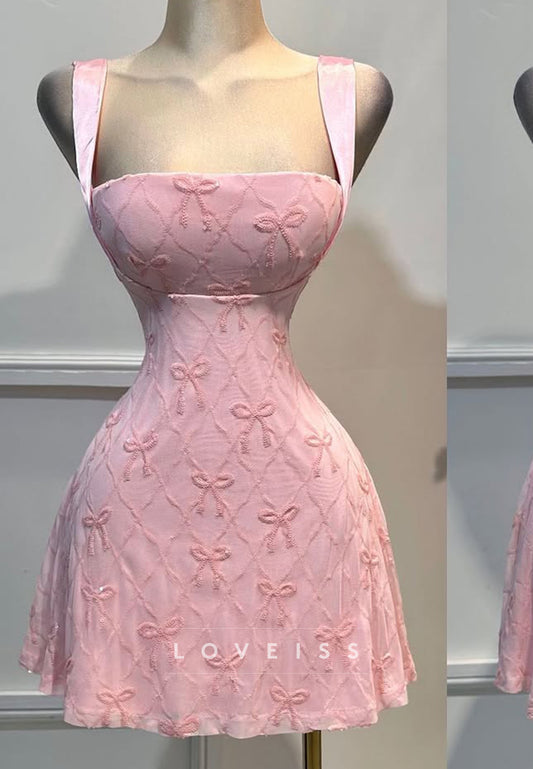 Square Straps Bow Printed A-Line Party Homecoming Dress