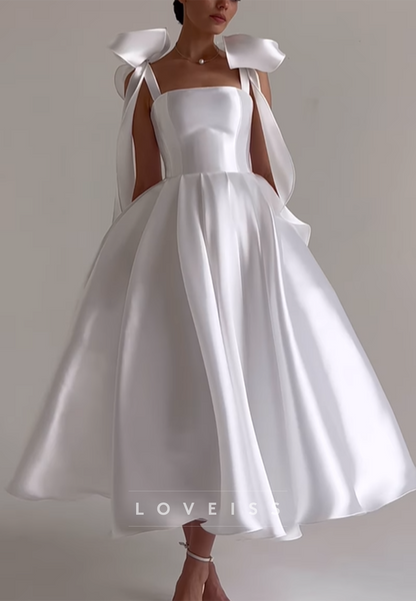 Square Straps Bow Sleek A-Line Wedding Dress