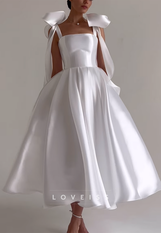 Square Straps Bow Sleek A-Line Wedding Dress