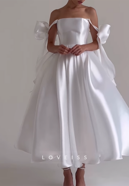 Square Straps Bow Sleek A-Line Wedding Dress