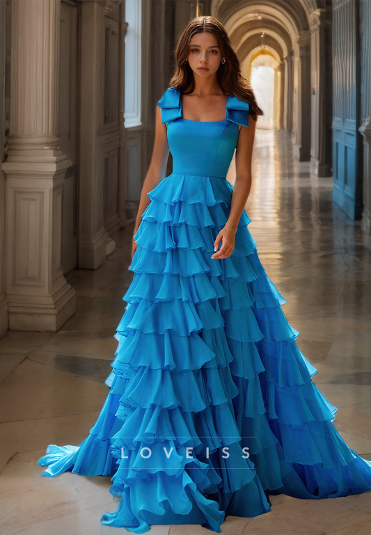 Square Straps Bowknot Tiered A-Line Prom Dress