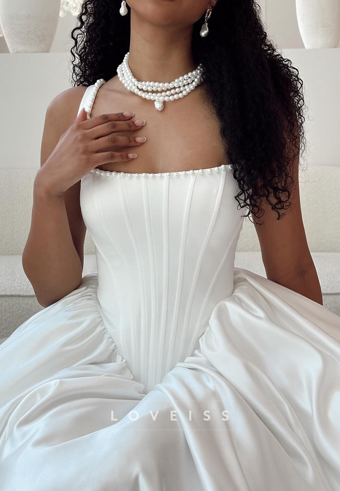 Square Straps Corset Pearl Pleated A-Line Satin Wedding Dress