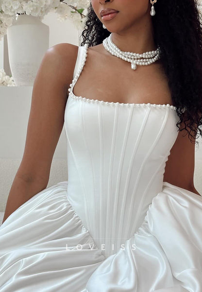 Square Straps Corset Pearl Pleated A-Line Satin Wedding Dress
