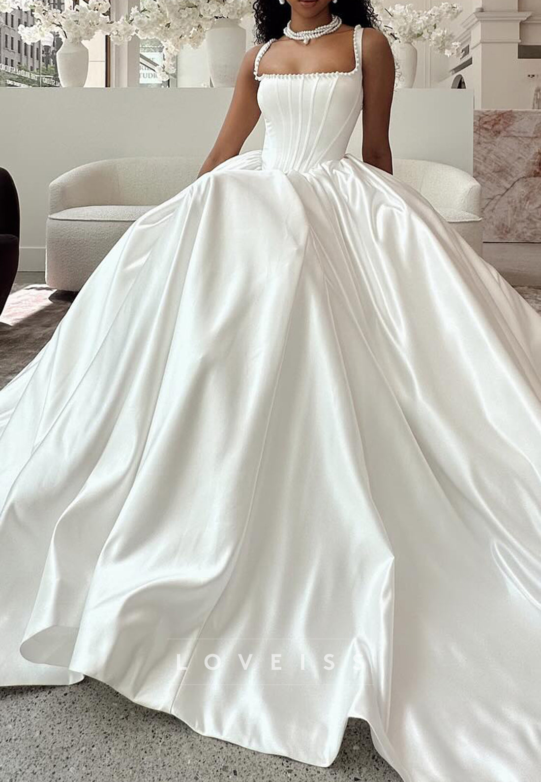 Square Straps Corset Pearl Pleated A-Line Satin Wedding Dress