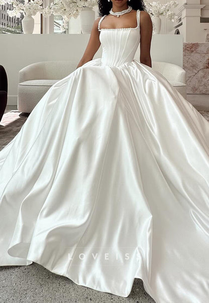 Square Straps Corset Pearl Pleated A-Line Satin Wedding Dress
