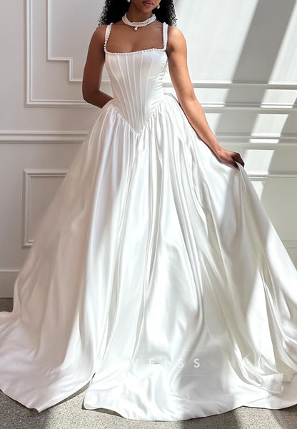Square Straps Corset Pearl Pleated A-Line Satin Wedding Dress
