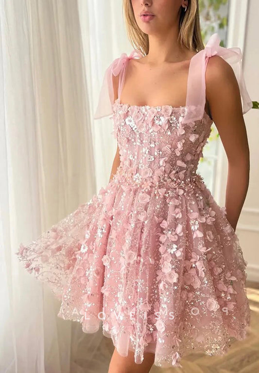 Square Straps Floral Appliques A-Line Party Homecoming Dress