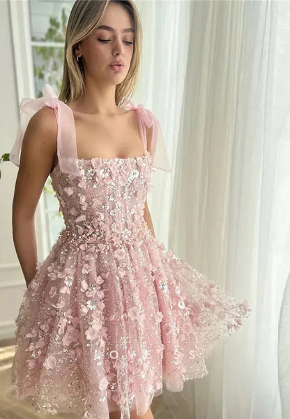 Square Straps Floral Appliques A-Line Party Homecoming Dress