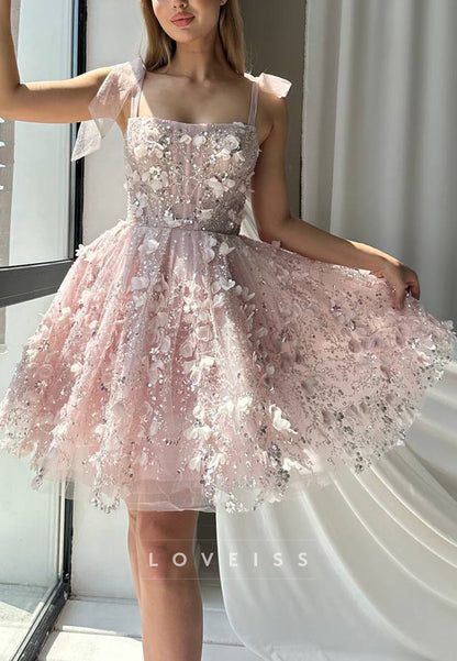 Square Straps Floral Appliques A-Line Short Party Homecoming Dress