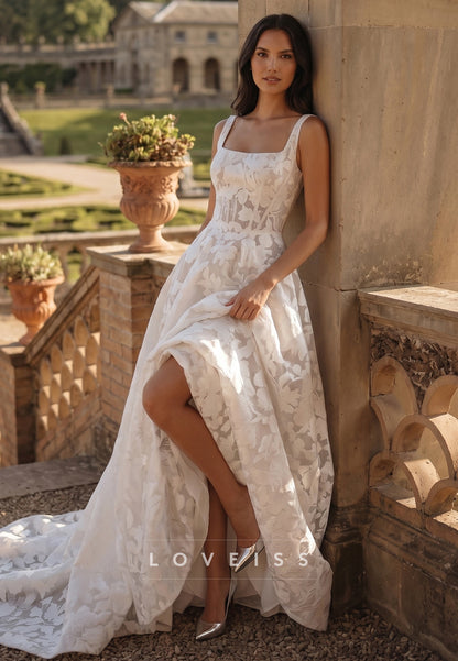 Square Straps Floral Appliques A-Line Wedding Dress