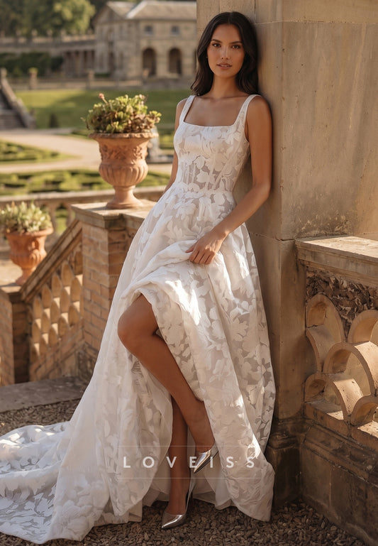 Square Straps Floral Appliques A-Line Wedding Dress