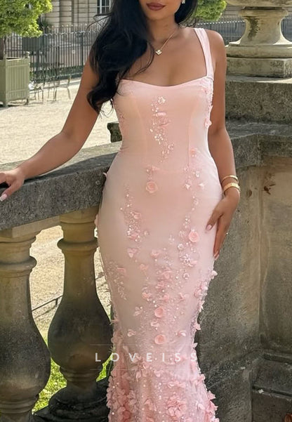 Square Straps Floral Appliques Fitted Mermaid Prom Dress