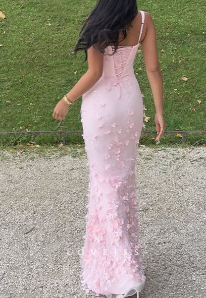 Square Straps Floral Appliques Fitted Mermaid Prom Dress