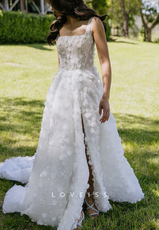 Square Straps Floral Embellished A-Line Wedding Dress