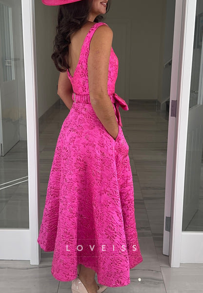 Square Straps Floral Printed A-Line Mother of Bride Dress